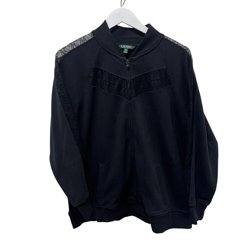 Lauren Ralph Lauren Jacket Women 2X Black Lace Full Zip Athleisure Lightweight